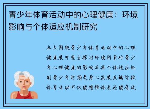 青少年体育活动中的心理健康：环境影响与个体适应机制研究