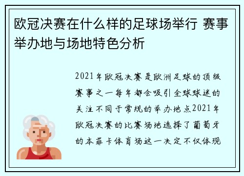 欧冠决赛在什么样的足球场举行 赛事举办地与场地特色分析
