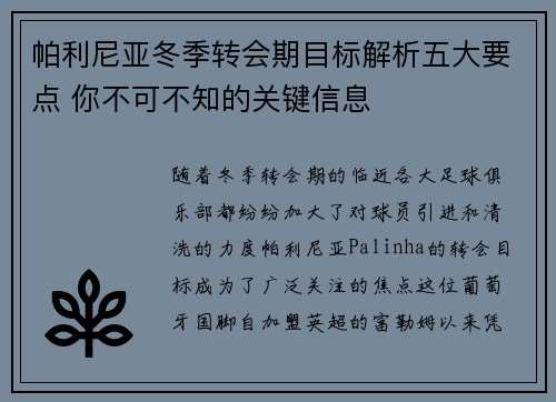帕利尼亚冬季转会期目标解析五大要点 你不可不知的关键信息